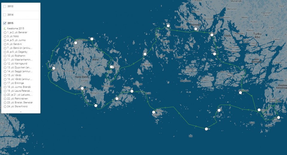 Kesän 2015 lomapurjehduksen tarkempi reitti löytyy Google Mapsista (vihreä reitti).